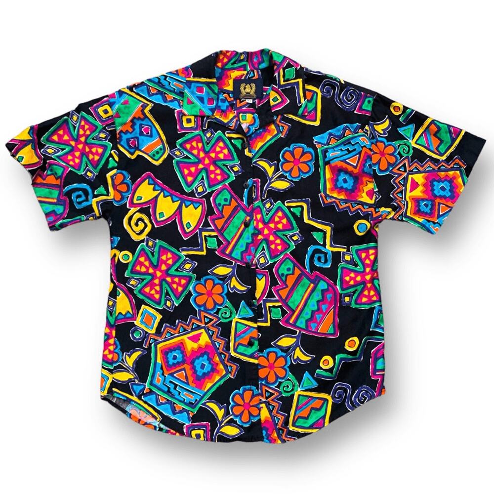 Vintage Shirt Black Rainbow Floral Abstract Art Button Up Unisex Maximalist